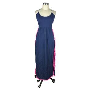 HUTCH Anthropologie Navy Blue Pink Pom Pom Maxi Long Dress Size Small Summer